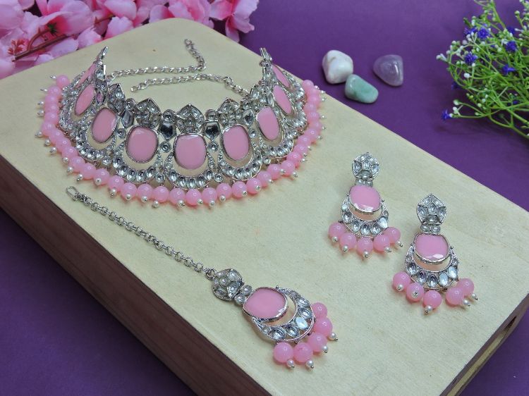 Picture of Delightful Designer American Diamond Pink Necklace
