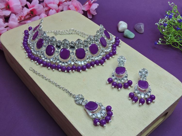 Picture of Fascinating Designer American Diamond Purple Necklace