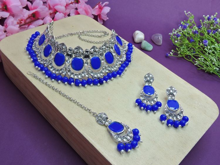 Picture of Gorgeous Designer American Diamond Blue Necklace
