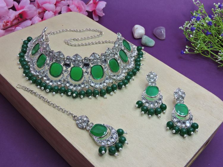 Picture of Amazing Designer American Diamond Green Necklace