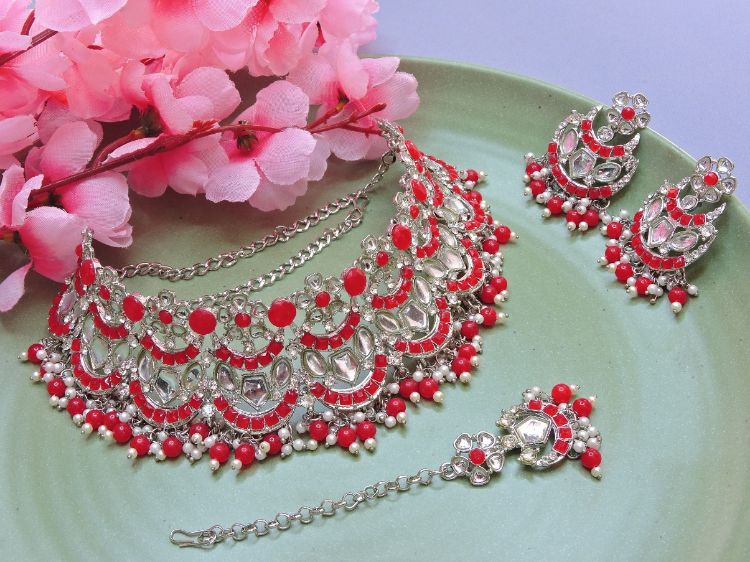 Picture of Delightful Designer American Diamond Red Necklace