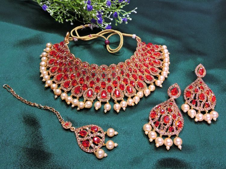 Picture of Graceful Designer American Diamond Red Necklace