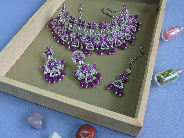 Picture of Stunning Designer American Diamond Purple Necklace