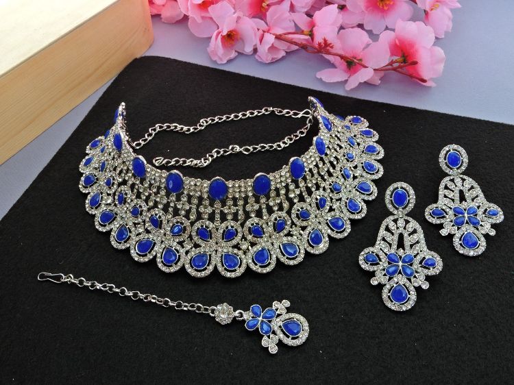 Picture of Taking Designer American Diamond Blue Necklace