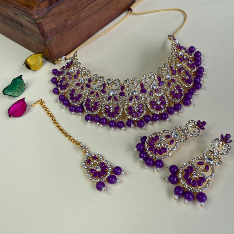 Picture of Fascinating Designer American Diamond Purple Necklace