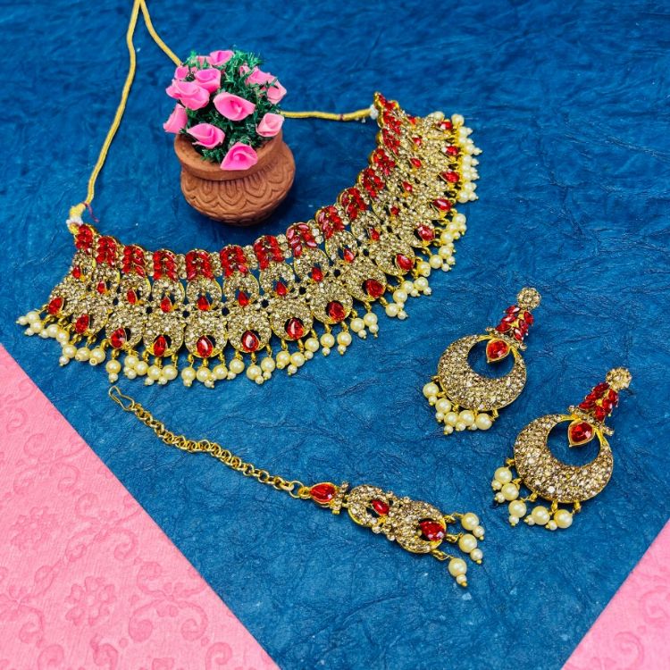 Picture of Ravishing Designer American Diamond Red Necklace