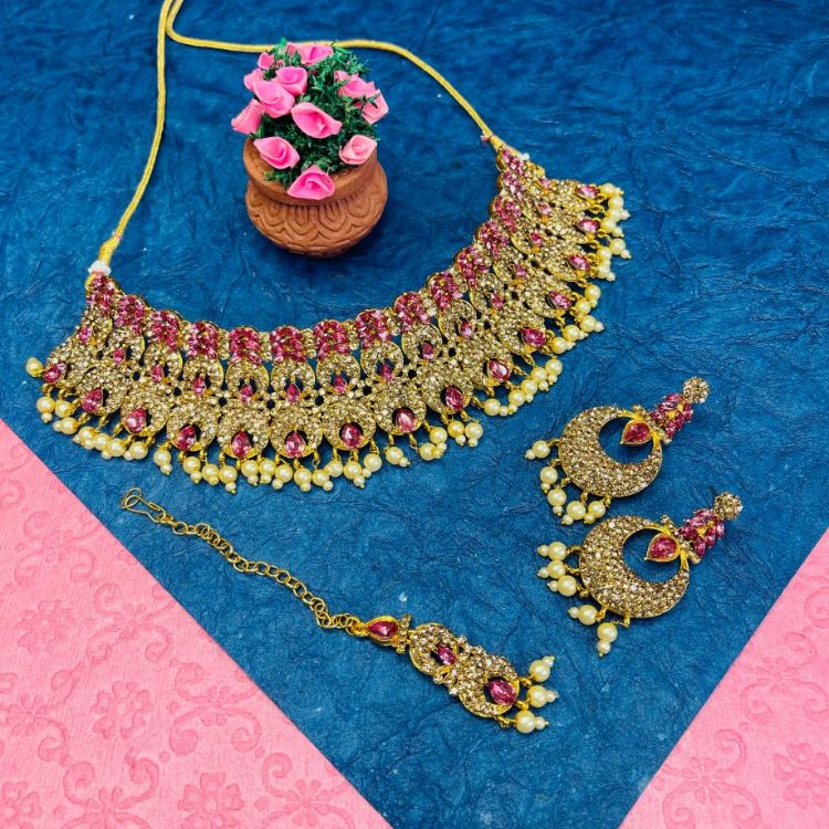 Picture of Classy Designer American Diamond Pink Necklace