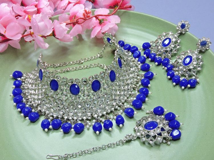 Picture of Alluring Designer American Diamond Blue Necklace
