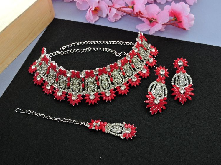 Picture of Elegant Designer American Diamond Red Necklace