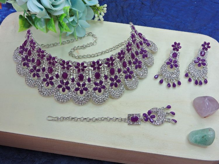 Picture of Lovely Designer American Diamond Purple Necklace