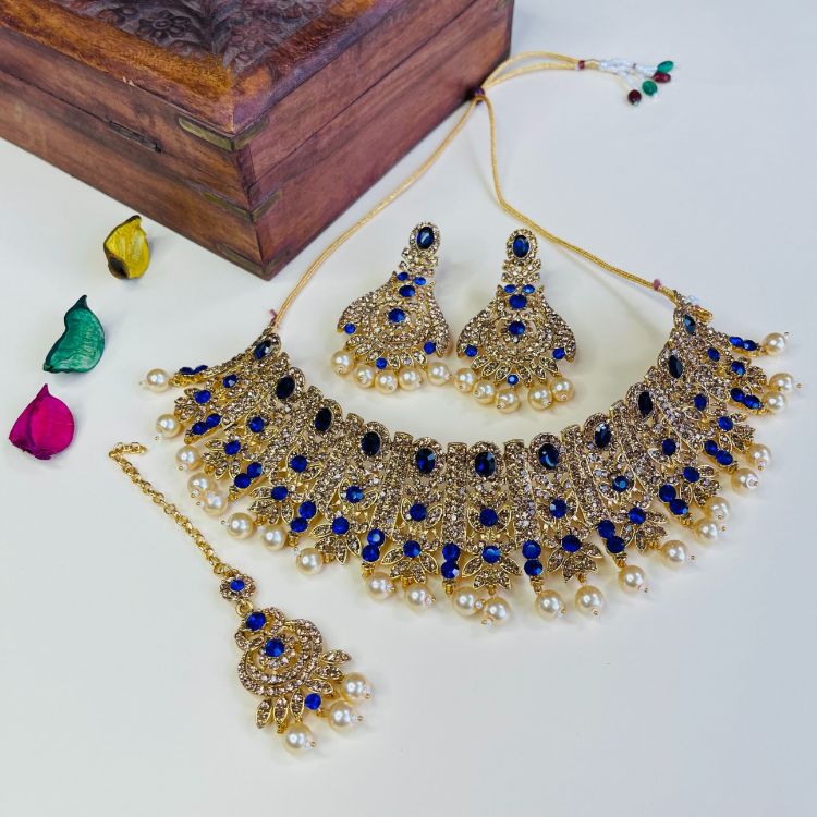 Picture of Superb Designer American Diamond Blue Necklace