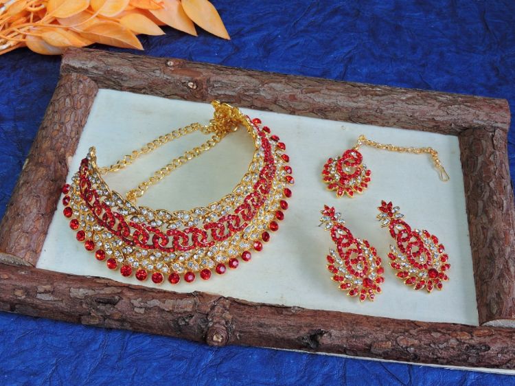 Picture of Ravishing Designer American Diamond Red Necklace