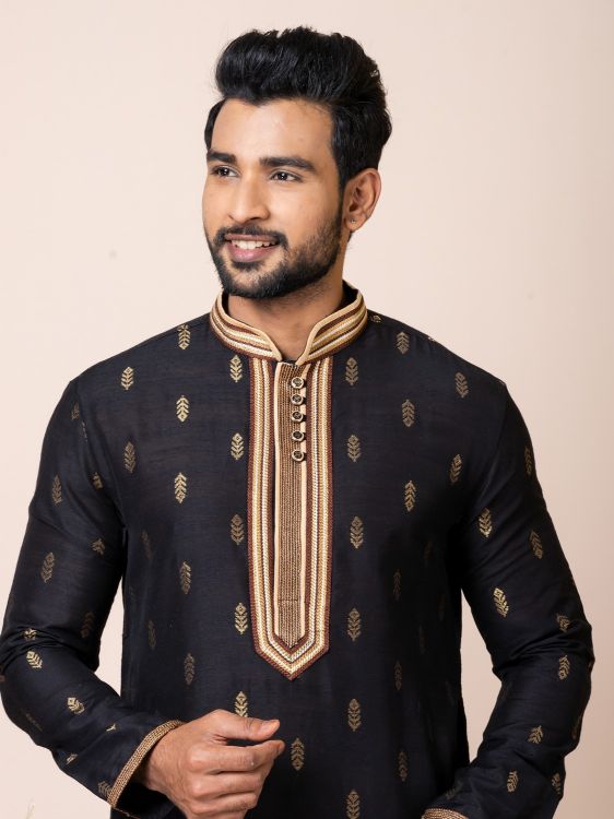 Picture of Premium Cotton Jacquard Silk Black Kurta Pajama