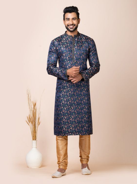 Picture of Imperial Navy Blue Jacquard Silk Premium Kurta Pajama
