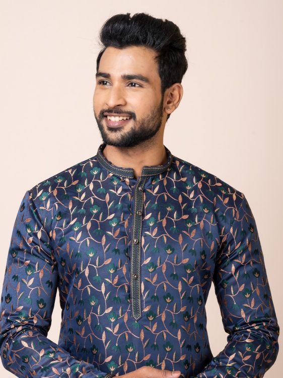 Picture of Imperial Navy Blue Jacquard Silk Premium Kurta Pajama