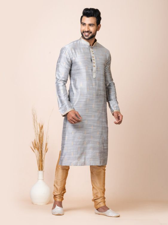 Picture of Elegant Cotton Jacquard Silk Premium Grey Kurta Pajama