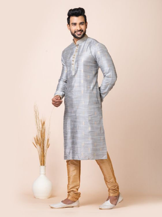 Picture of Elegant Cotton Jacquard Silk Premium Grey Kurta Pajama