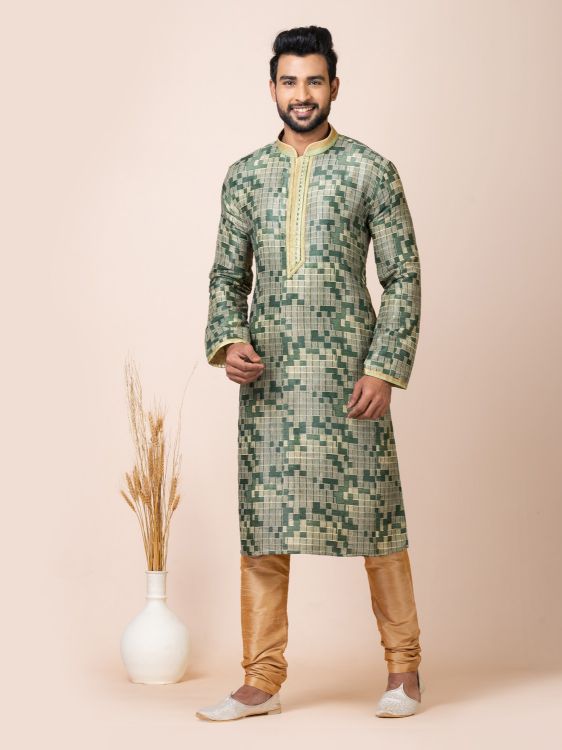 Picture of Elementary Jacquard Silk Dark Olive Green Premium Kurta Pajama
