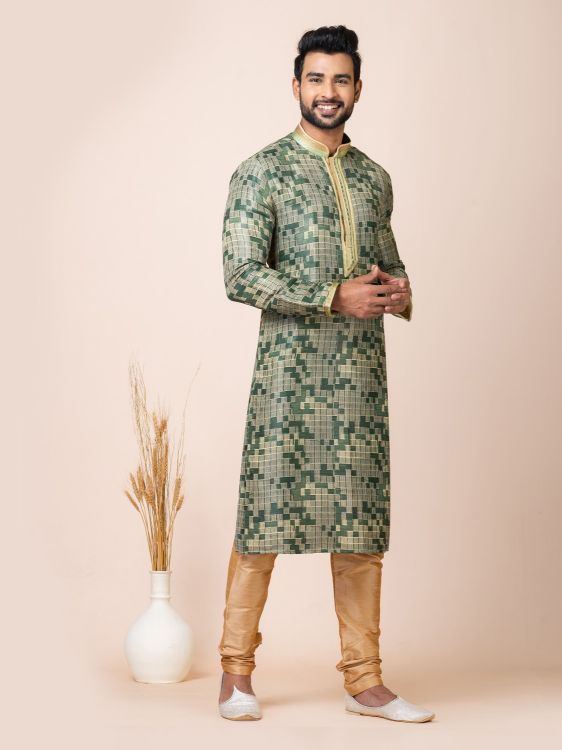 Picture of Elementary Jacquard Silk Dark Olive Green Premium Kurta Pajama