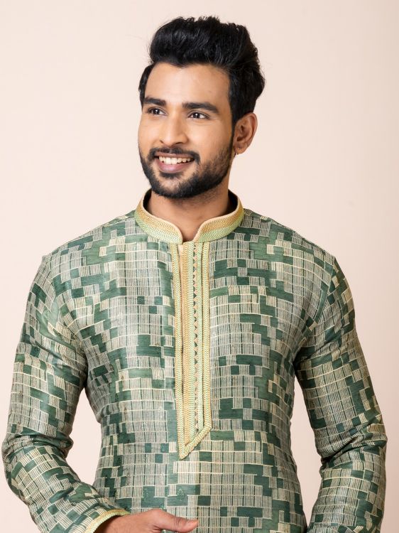 Picture of Elementary Jacquard Silk Dark Olive Green Premium Kurta Pajama