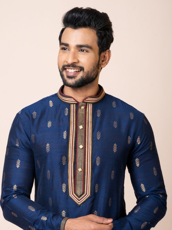 Picture of Royal Blue Cotton Jacquard Silk Premium Kurta Pajama