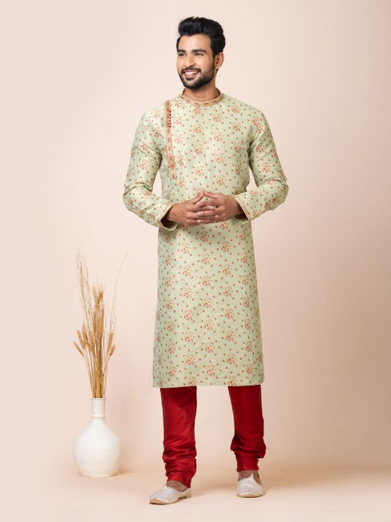 Picture of Classic Designer Light Green Jacquard Silk Premium Kurta Pajama