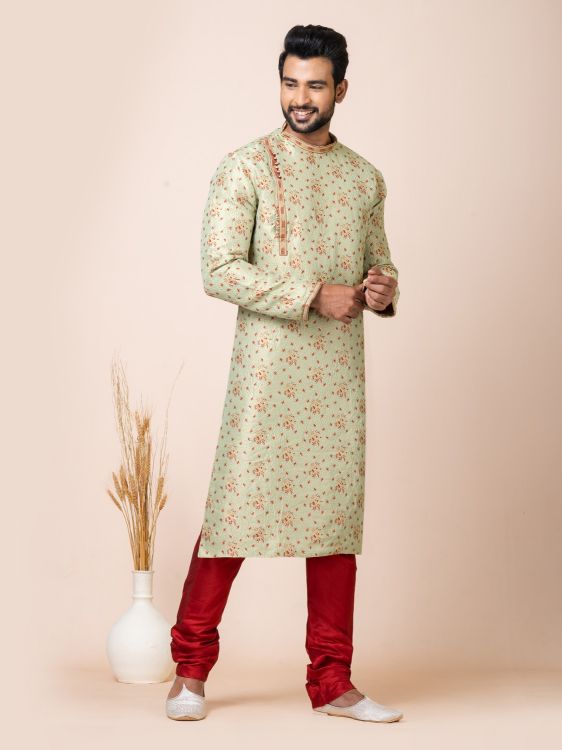 Picture of Classic Designer Light Green Jacquard Silk Premium Kurta Pajama