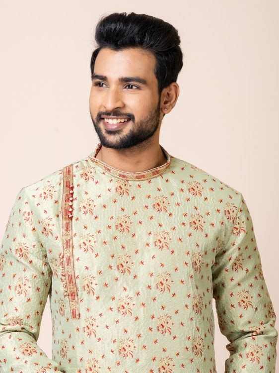 Picture of Classic Designer Light Green Jacquard Silk Premium Kurta Pajama