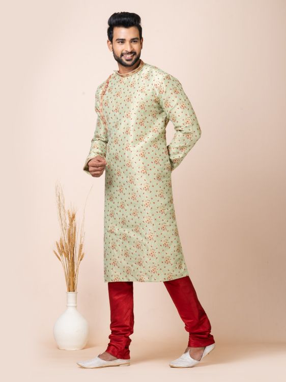 Picture of Classic Designer Light Green Jacquard Silk Premium Kurta Pajama