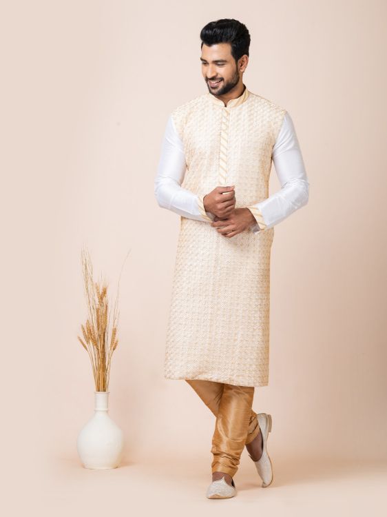 Picture of Classic Premium Designer White Banarasi Dhupion Kurta Pajama