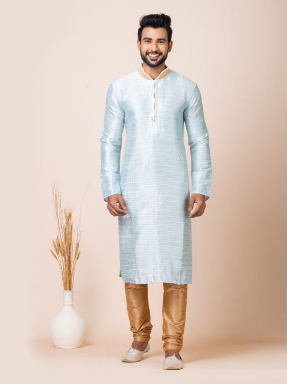 Picture of Designer Self Jacquard Silk Sky Blue Premium Kurta Pajama