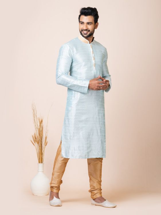 Picture of Designer Self Jacquard Silk Sky Blue Premium Kurta Pajama