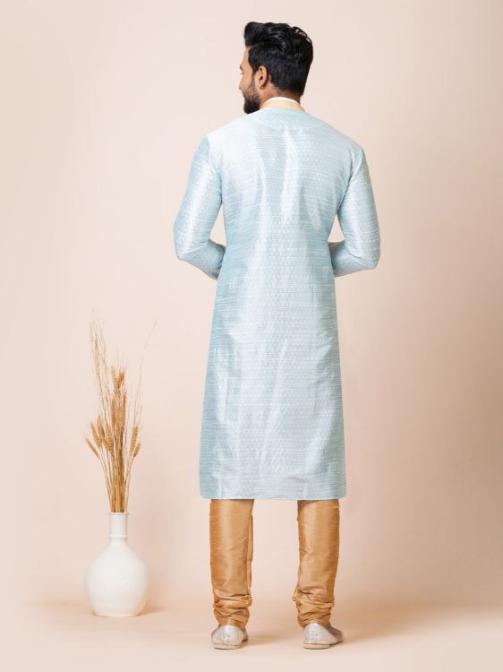 Picture of Designer Self Jacquard Silk Sky Blue Premium Kurta Pajama