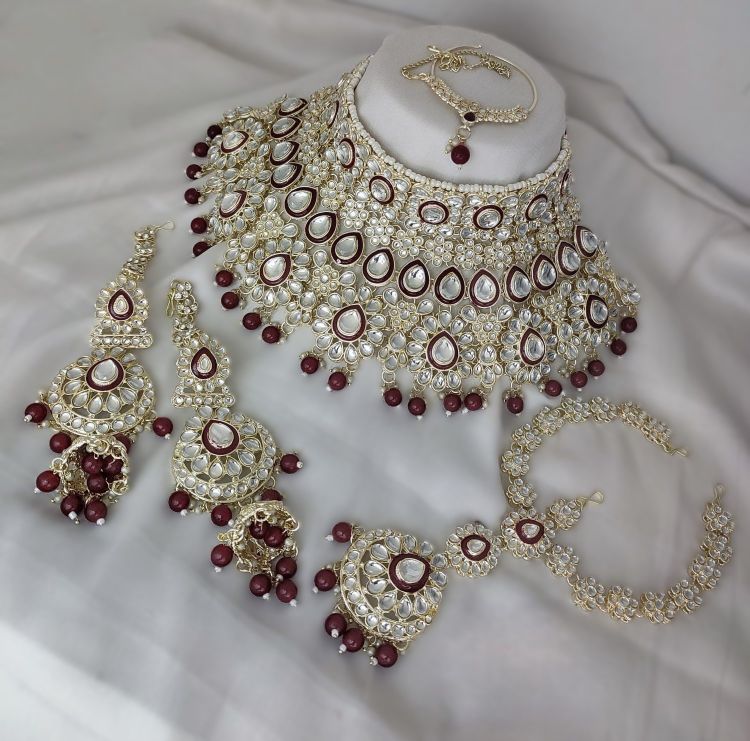 Picture of Elegant Alloy & Stone & Moti Maroon Necklace
