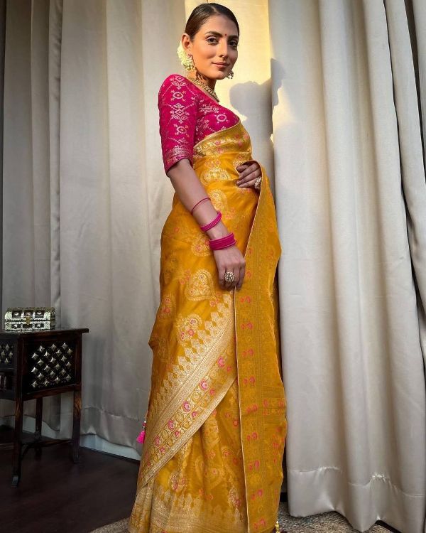 Picture of Shapely Silk & Jacquard Yellow Saree
