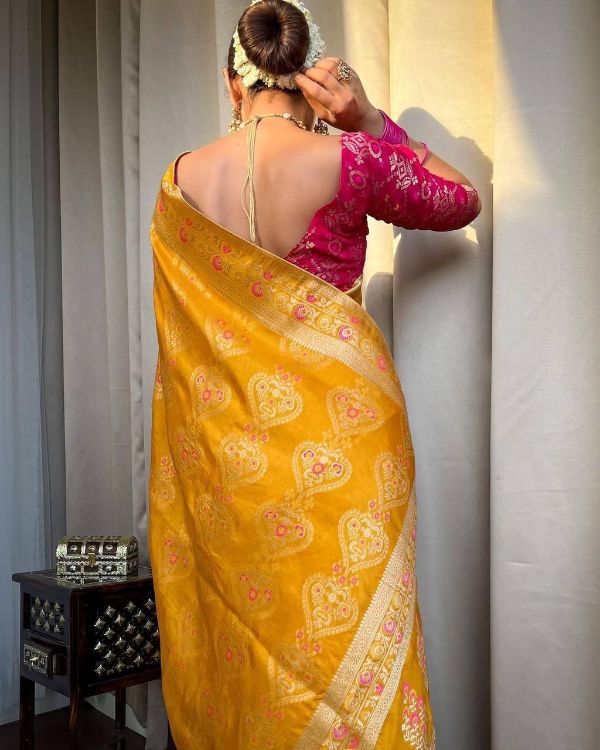 Picture of Shapely Silk & Jacquard Yellow Saree