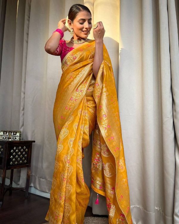 Picture of Shapely Silk & Jacquard Yellow Saree