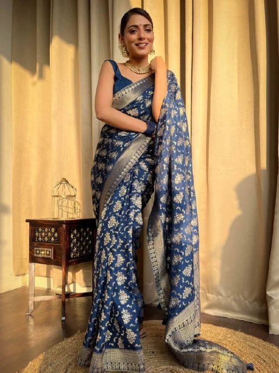 Picture of Appealing Silk & Jacquard Navy Blue Saree