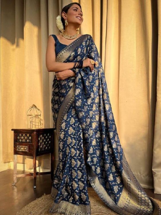Picture of Appealing Silk & Jacquard Navy Blue Saree