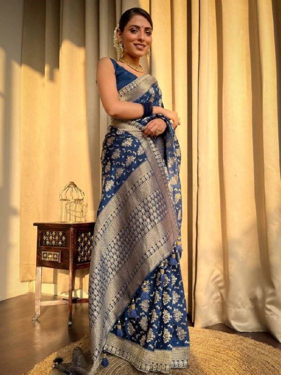 Picture of Appealing Silk & Jacquard Navy Blue Saree