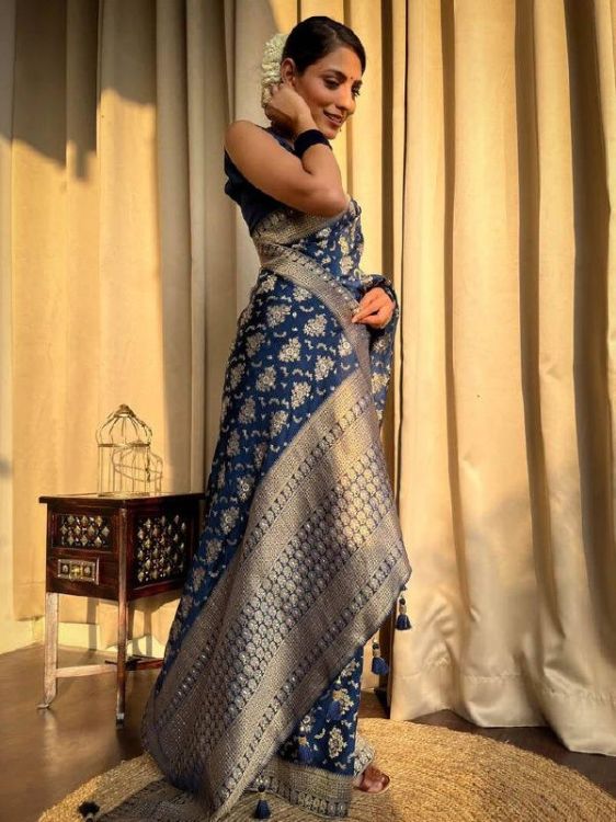 Picture of Appealing Silk & Jacquard Navy Blue Saree