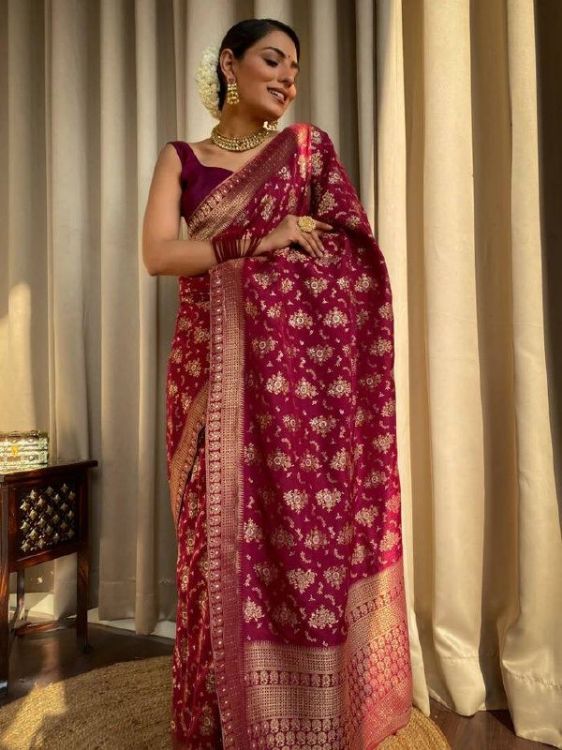 Picture of Ideal Silk & Jacquard Maroon Saree