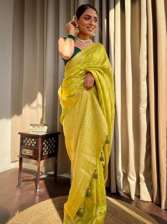 Picture of Beautiful Silk & Jacquard Green Yellow Saree