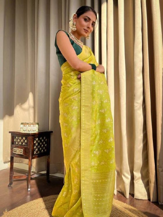 Picture of Beautiful Silk & Jacquard Green Yellow Saree