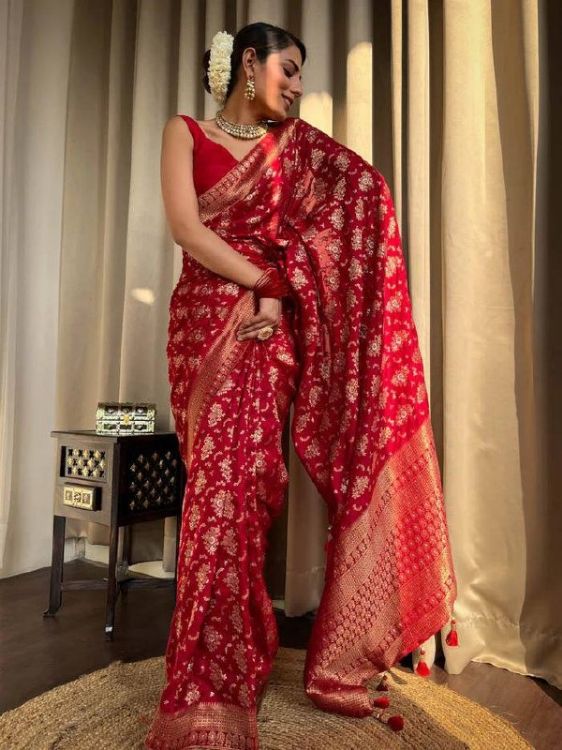 Picture of Sublime Silk & Jacquard Red Saree