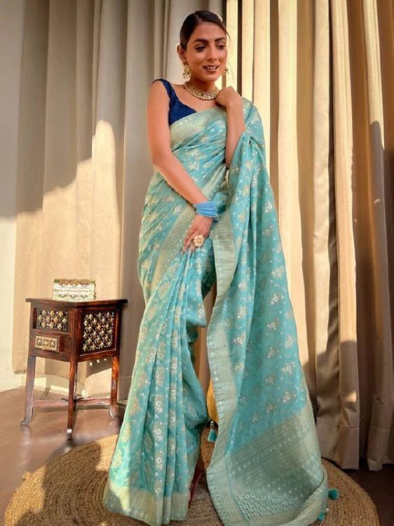 Picture of Radiant Silk & Jacquard Pale Turquoise Saree