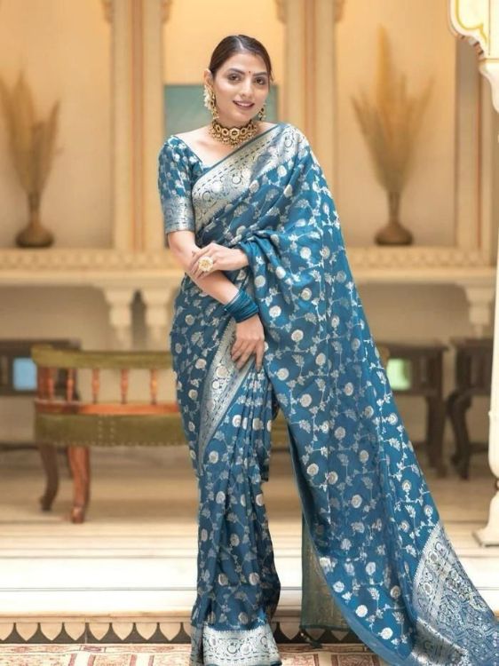 Picture of Fine Silk & Jacquard Steel Blue Saree