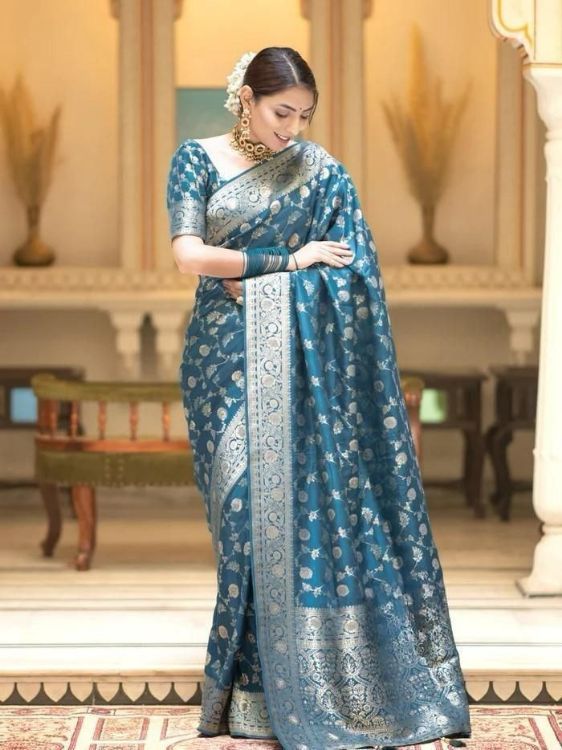 Picture of Fine Silk & Jacquard Steel Blue Saree