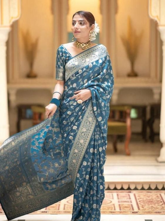 Picture of Fine Silk & Jacquard Steel Blue Saree