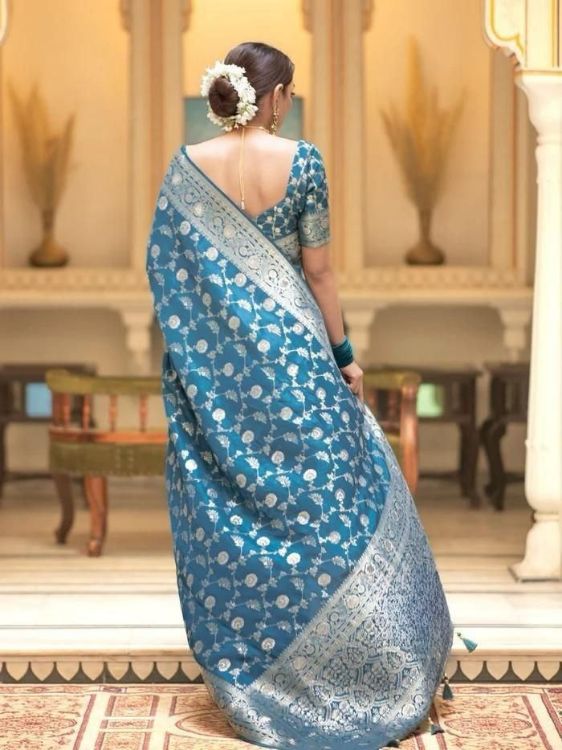 Picture of Fine Silk & Jacquard Steel Blue Saree